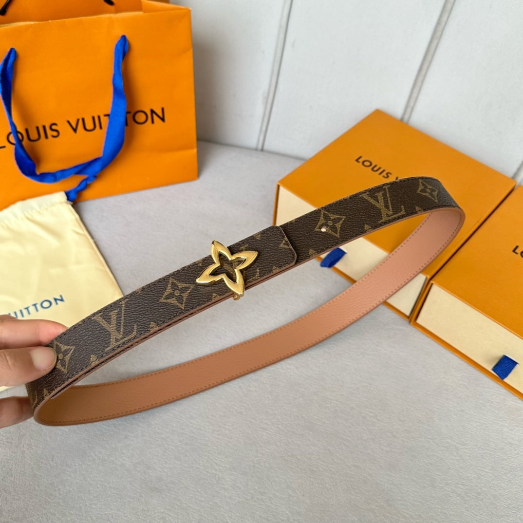 LOUIS VUITTON LV  MINI FLOWERGRAM 30MM REVERSIBLE BELT IN BUFF BROWN CALFSKIN GOLD HARDWARE