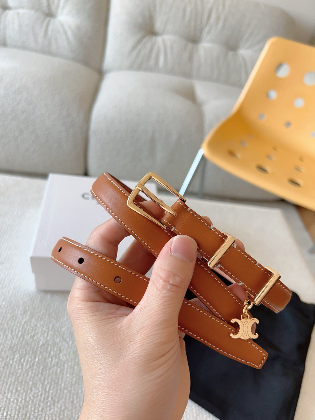 CELINE 25S BELT 18MM IN CARAMEL ELEGANT CHARM TAURILLON GOLD HARDWARE 585791
