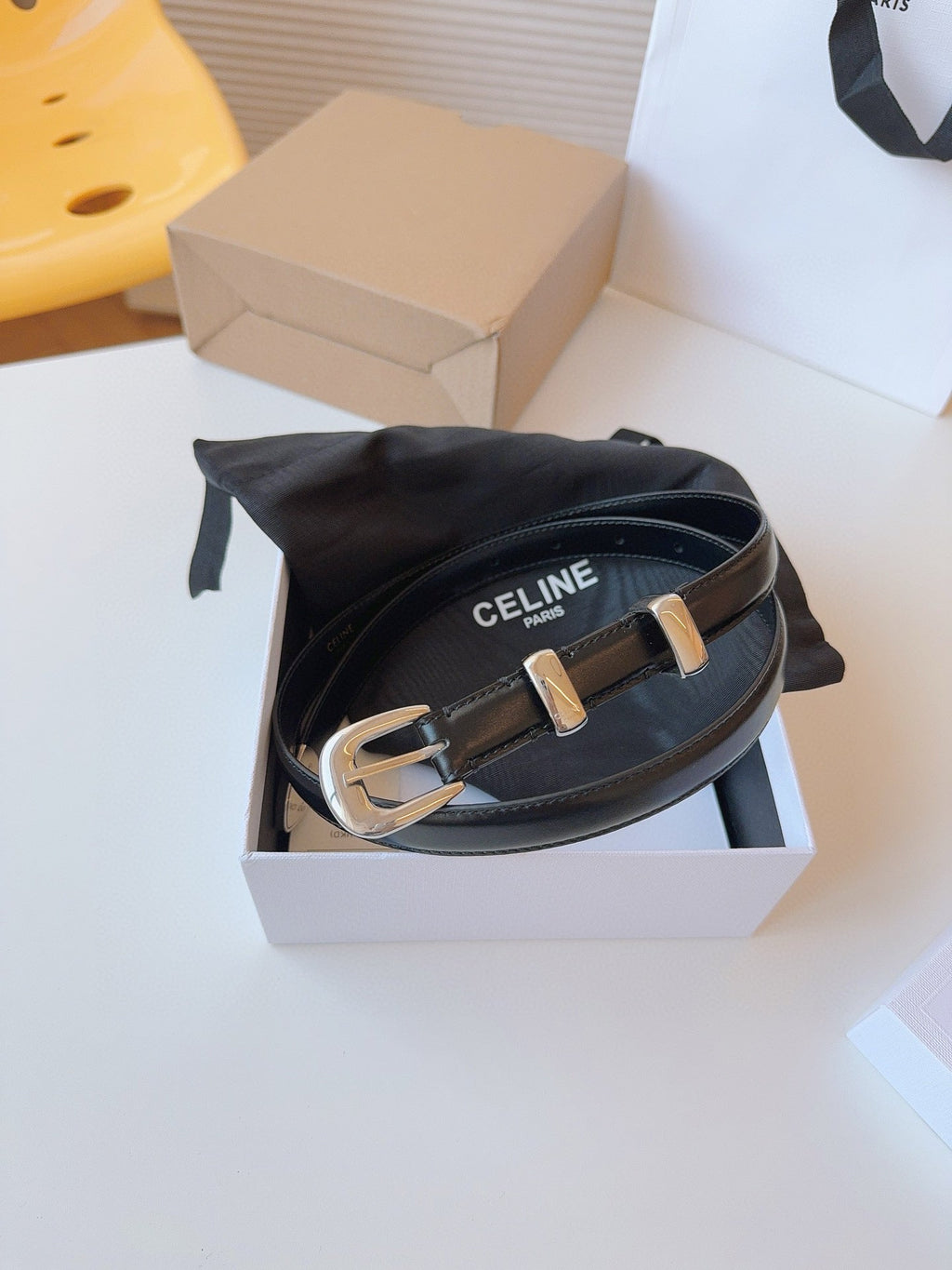CELINE 25S SMALL 18MM WESTERN BELT IN BLACK CALFSKIN 566641