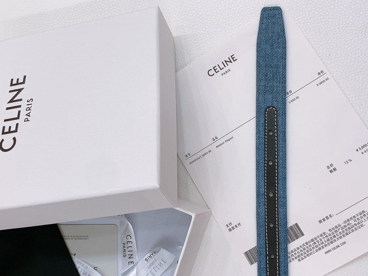 CELINE 25S BELT TRIOMPHE TAURILLON 25MM IN BLACK CALFSKIN AND DENIM 558345