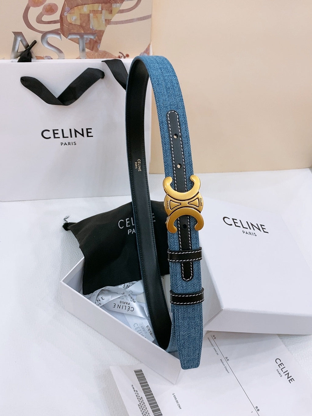CELINE 25S BELT TRIOMPHE TAURILLON 25MM IN BLACK CALFSKIN AND DENIM 558345