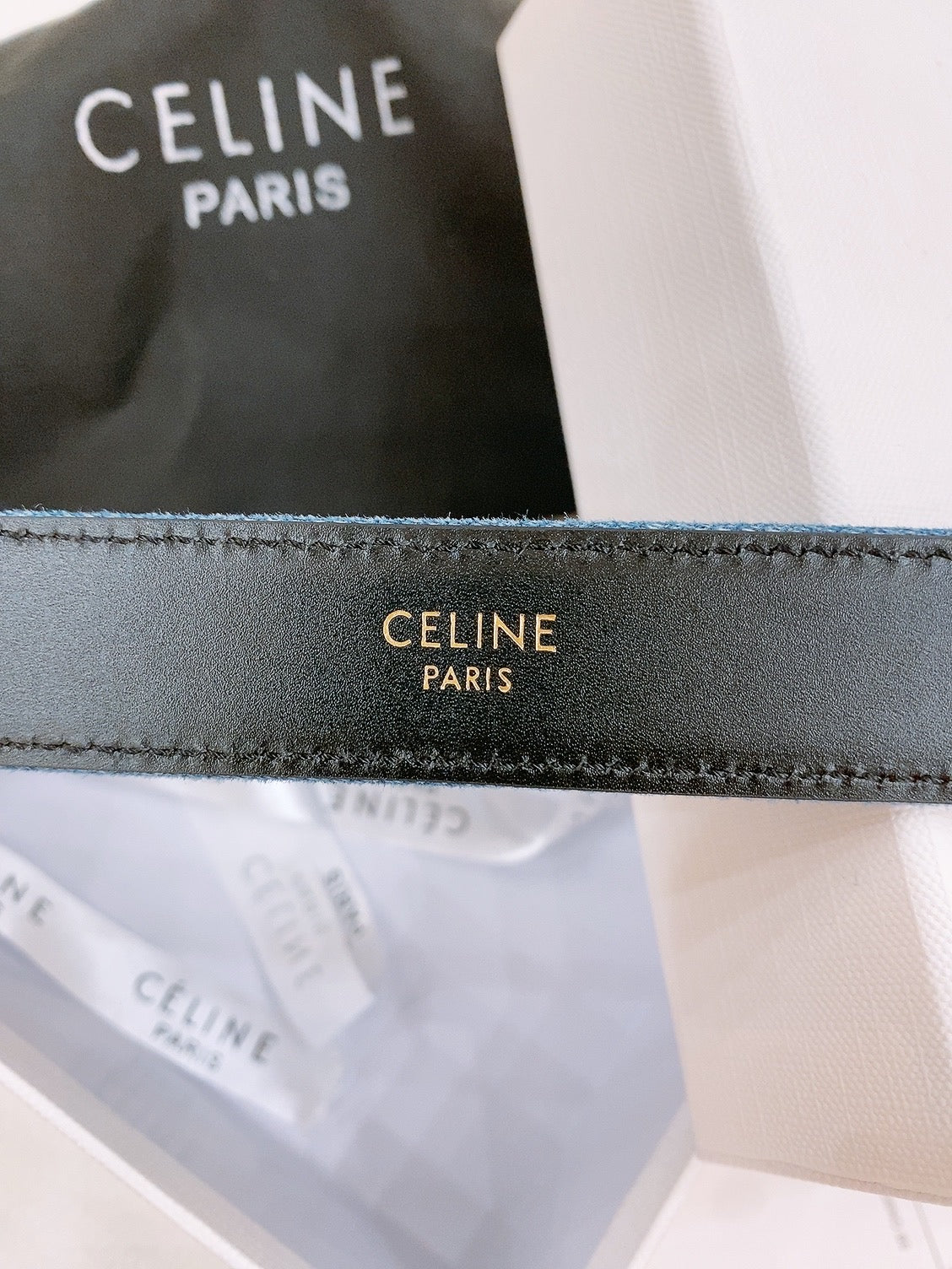 CELINE 25S BELT TRIOMPHE TAURILLON 25MM IN BLACK CALFSKIN AND DENIM 558346