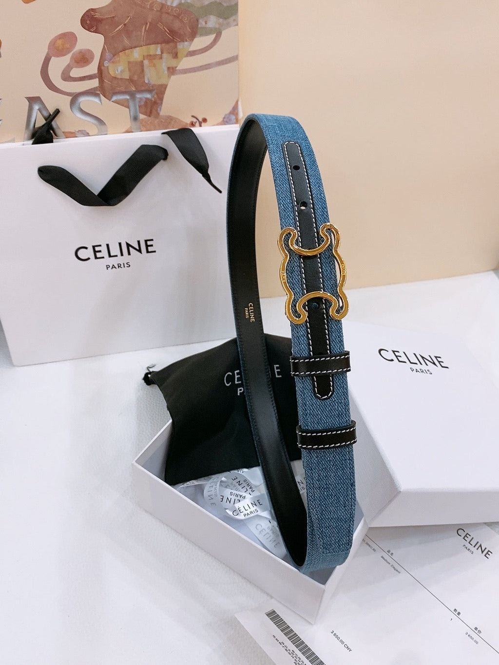 CELINE 25S BELT TRIOMPHE TAURILLON 25MM IN BLACK CALFSKIN AND DENIM 558348
