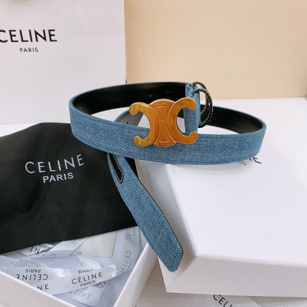 CELINE 25S BELT TRIOMPHE TAURILLON 25MM IN BLACK CALFSKIN AND DENIM 558349