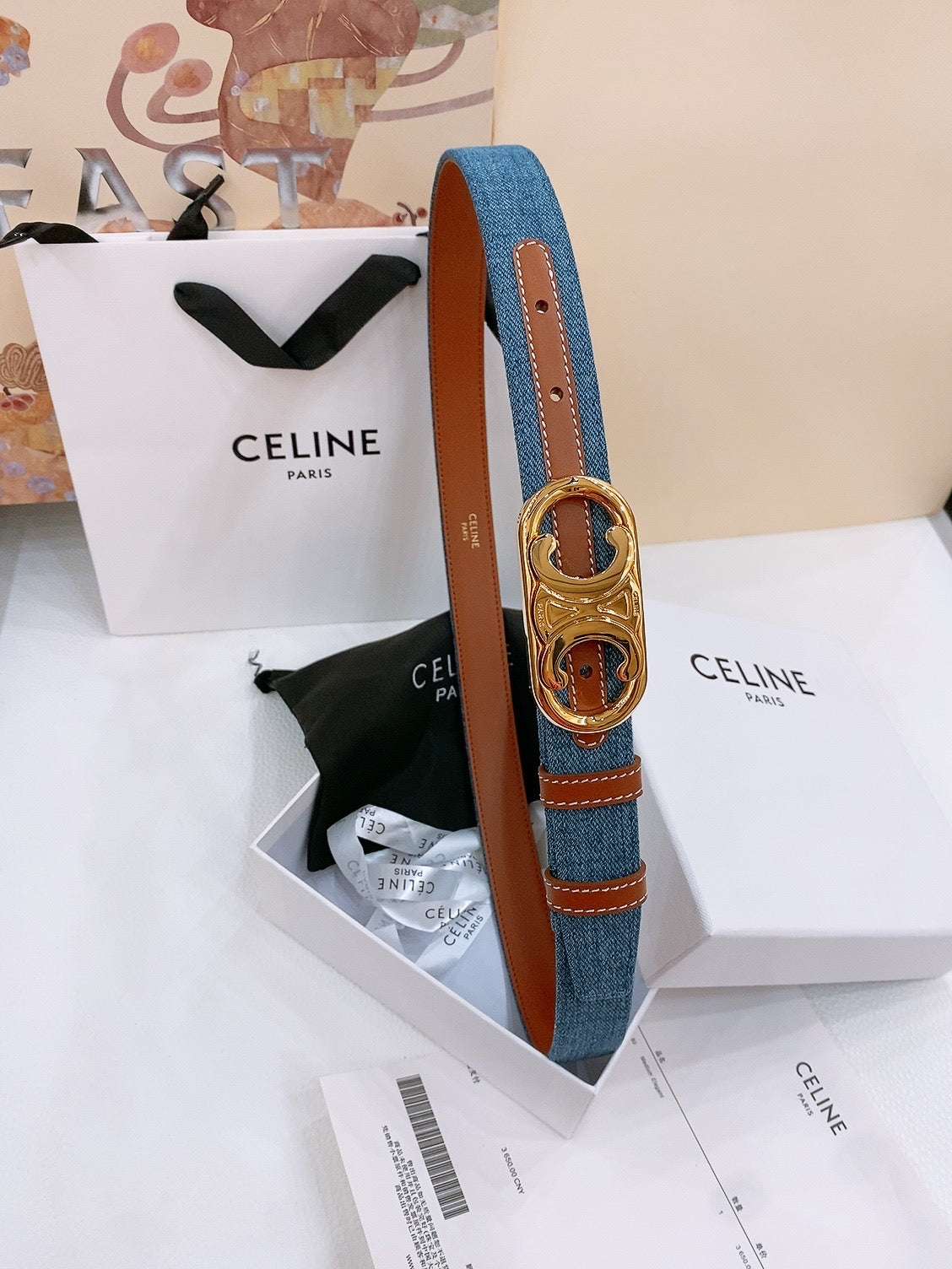 CELINE 25S BELT TRIOMPHE TAURILLON 25MM IN BROWN CALFSKIN AND DENIM 558352