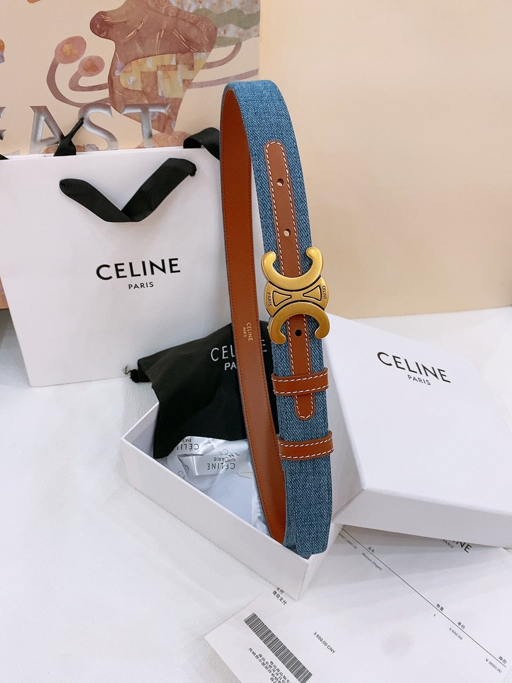 CELINE 25S BELT TRIOMPHE TAURILLON 25MM IN BROWN CALFSKIN AND DENIM 558355