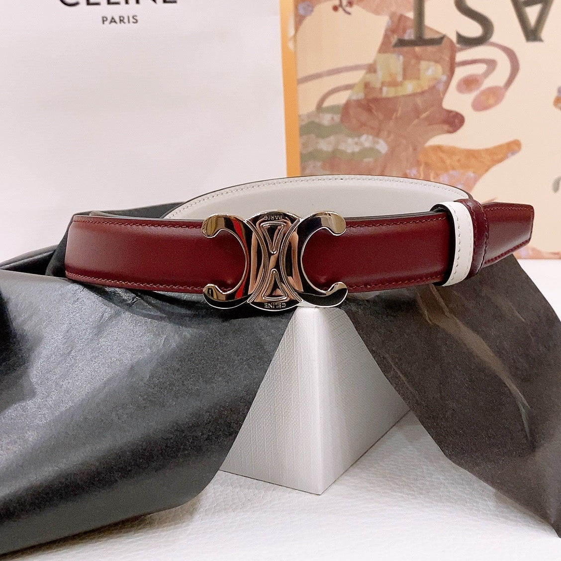 CELINE 25S BELT 25MM REVERSIBLE TRIOMPHE IN BURGUNDY CALFSKIN 565533
