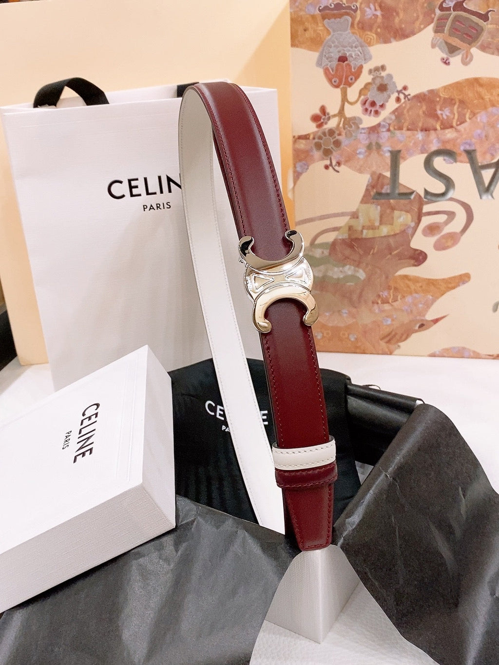 CELINE 25S BELT 25MM REVERSIBLE TRIOMPHE IN BURGUNDY CALFSKIN 565533