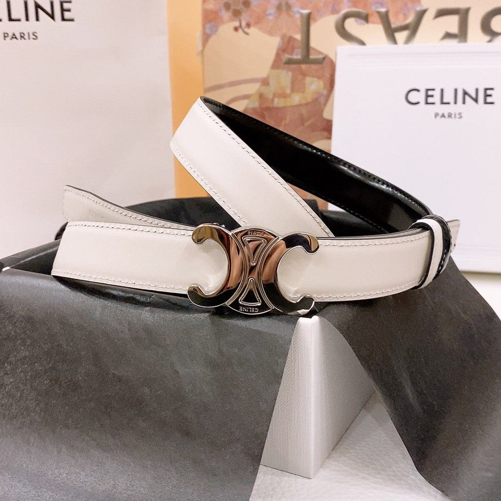 CELINE 25S BELT 25MM REVERSIBLE TRIOMPHE IN WHITE CALFSKIN 565536