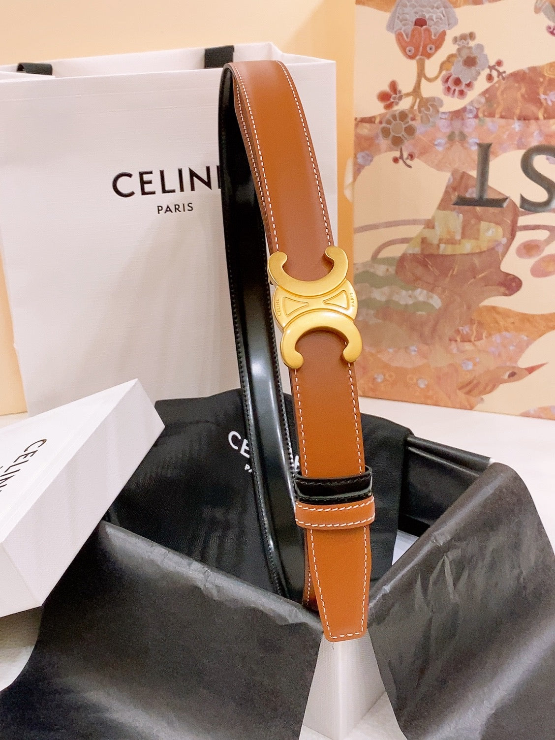 CELINE 25S BELT 25MM REVERSIBLE TRIOMPHE IN BLACK BROWN CALFSKIN 565540