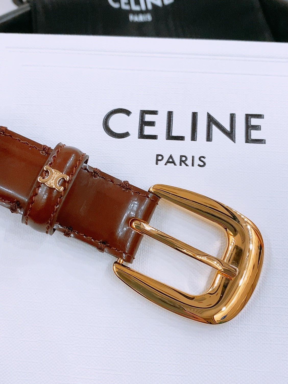 CELINE 25S BELT 25MM WITH ARC DE TRIOMPHE BUCKLE IN BURNT UMBER 571500