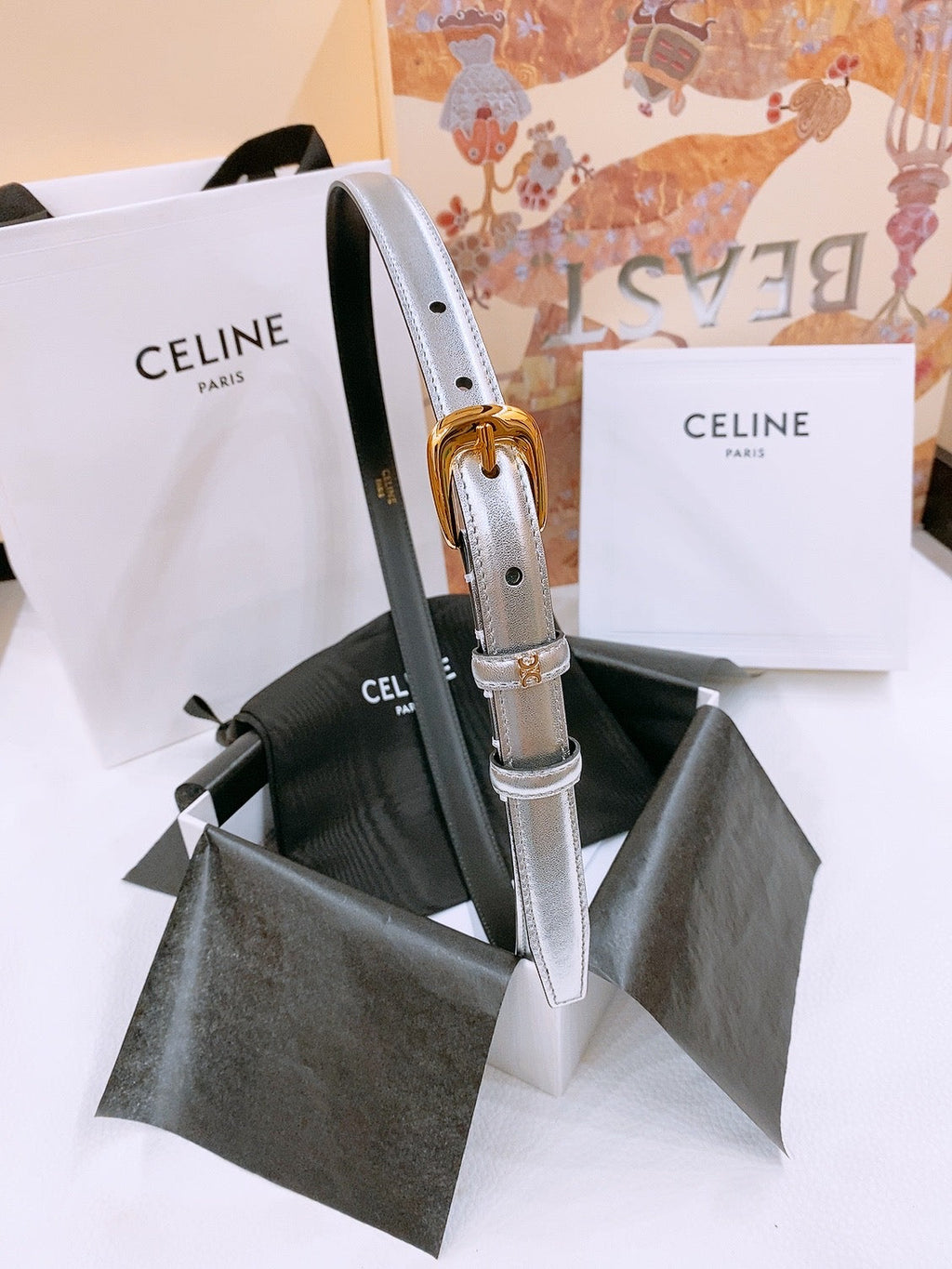 CELINE 25S BELT 18MM WITH ARC DE TRIOMPHE BUCKLE IN SILVER 571503