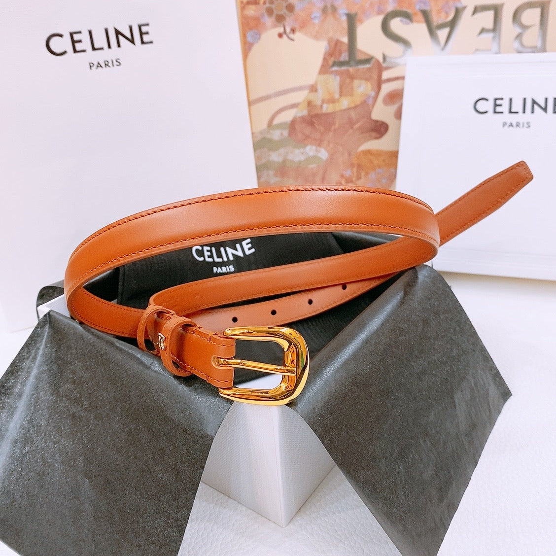CELINE 25S BELT 18MM WITH ARC DE TRIOMPHE BUCKLE IN DARK CARAMEL 571504