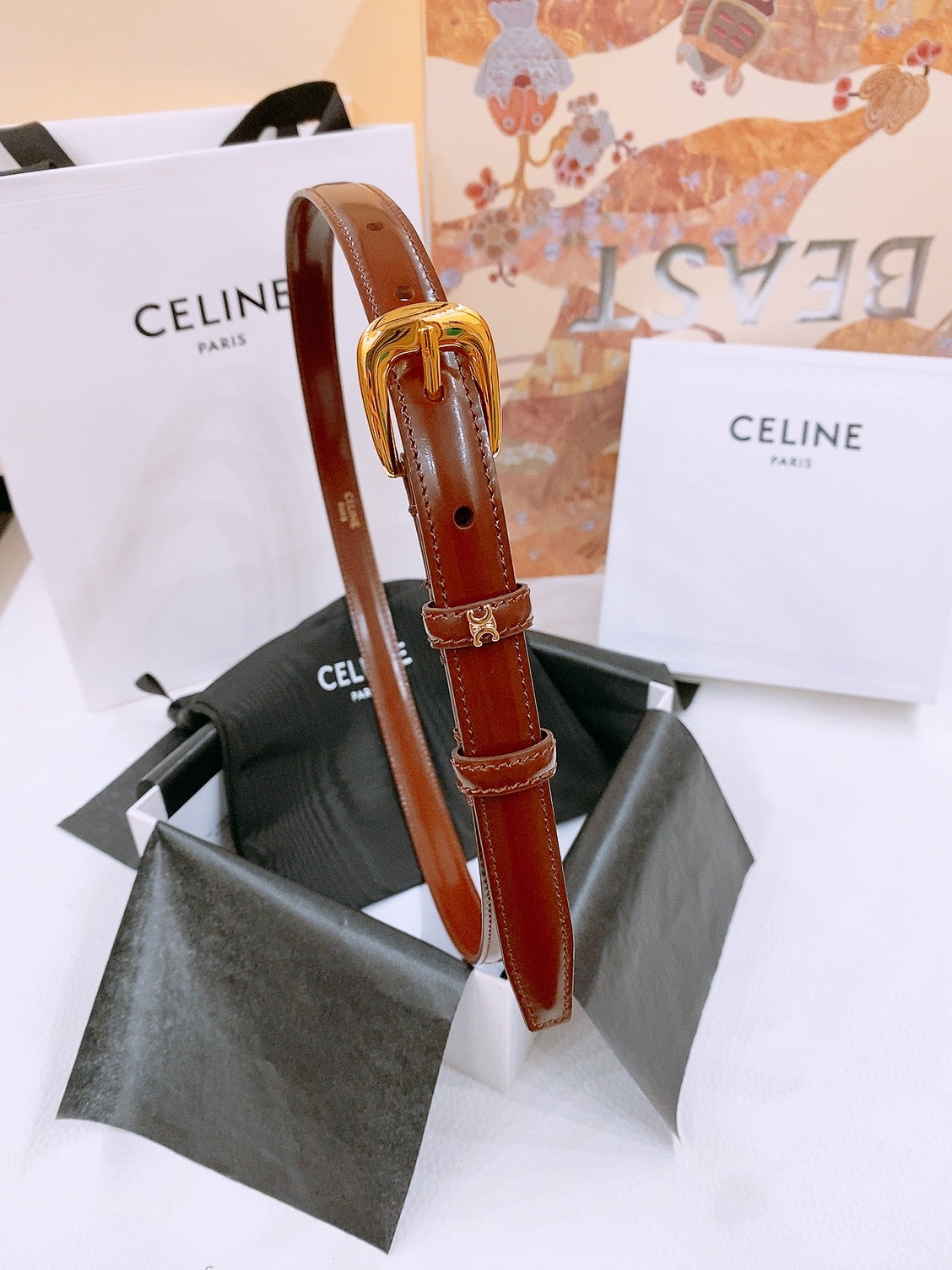CELINE 25S BELT 18MM WITH ARC DE TRIOMPHE BUCKLE IN BURNT UMBER 571506