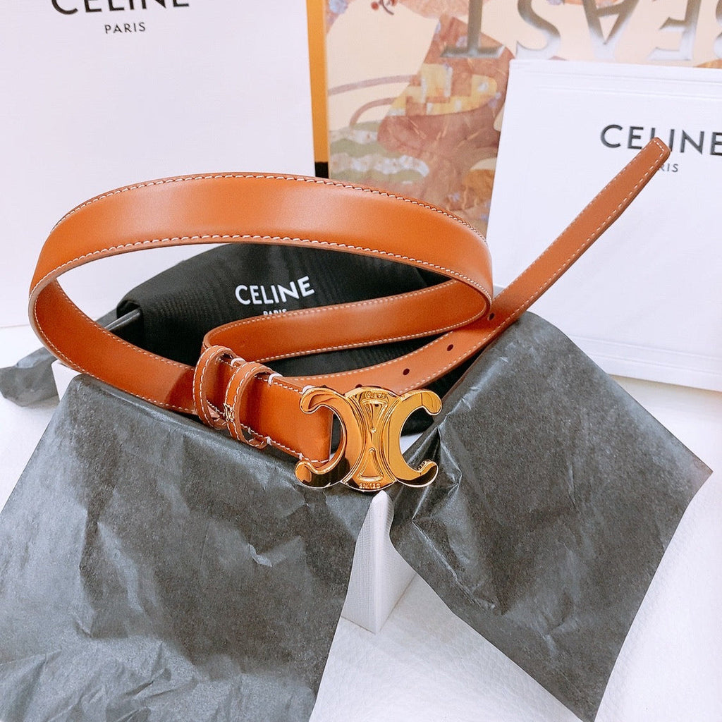 CELINE 25S TRIOMPHE BELT 25MM IN DARK CARAMEL CALFSKIN GOLD HARDWARE 570967